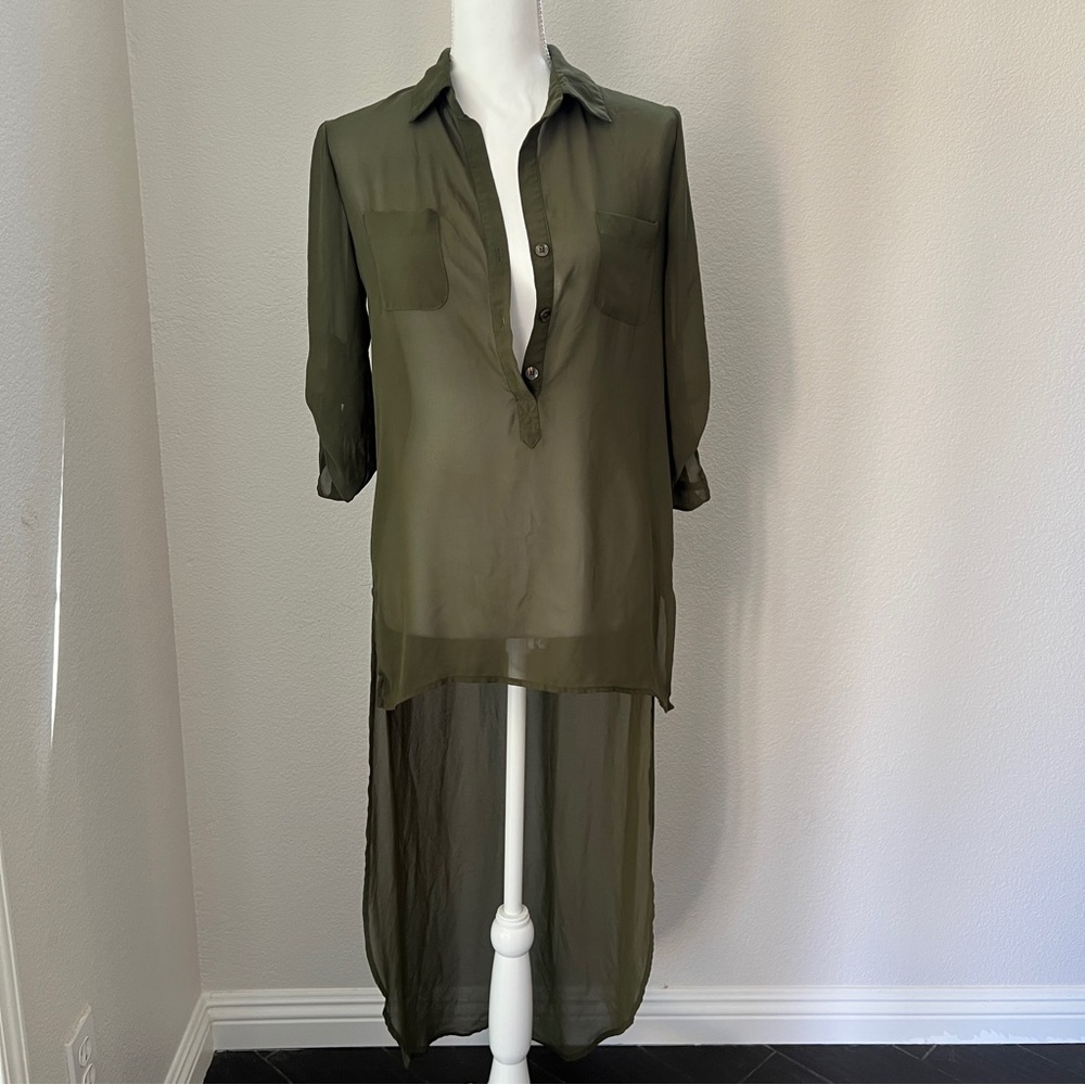 Exhilaration Sheer Olive Green high low Long Shirt  blouse Size S